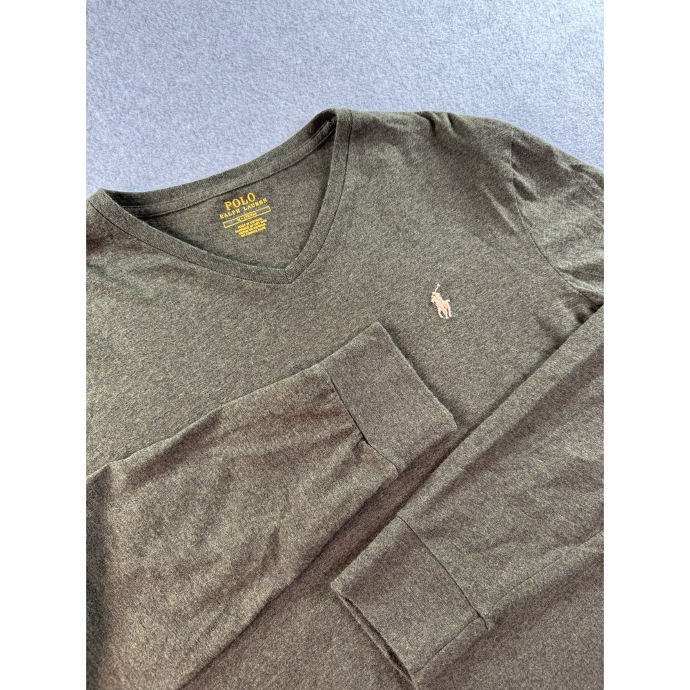 Polo By Ralph Lauren Long Sleeve V-Neck T-Shirt - Medium Olive Green Cotton
